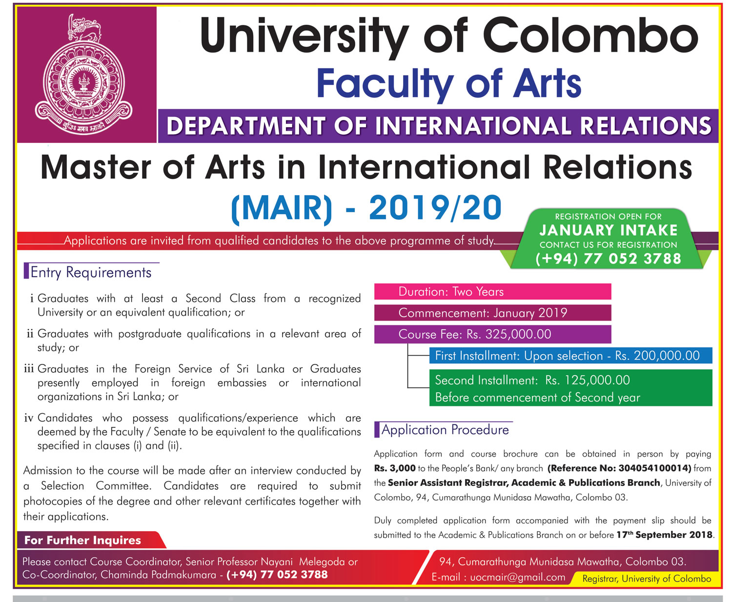 Master of Arts in International Relations - Department of International Relations - University of Colombo